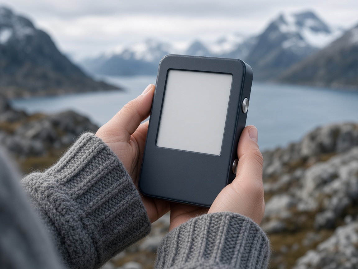 Hands in a wool sweater holding a Kald device by a winter fjord