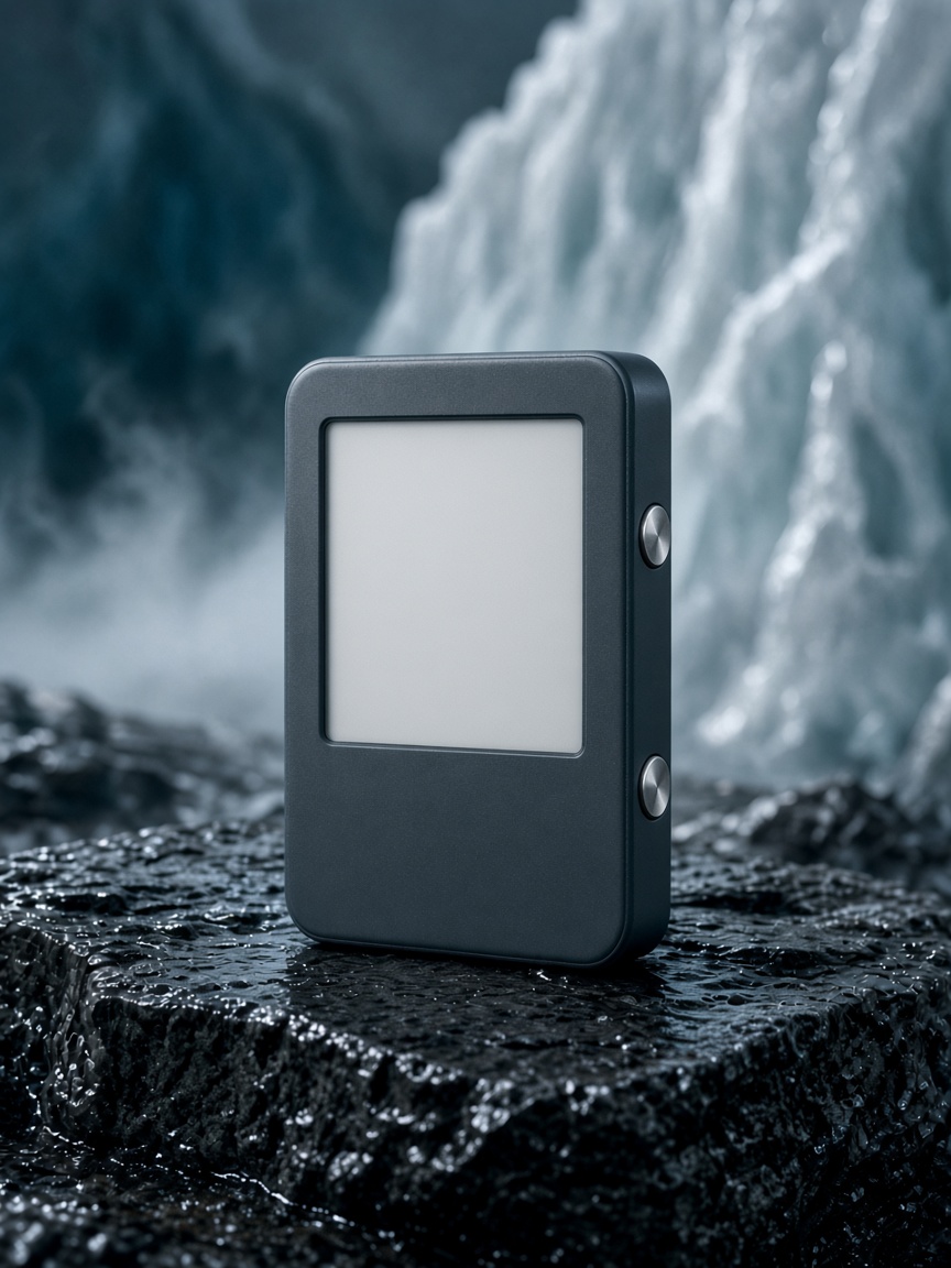 Kald hardware wallet standing on wet basalt in front of a glacier