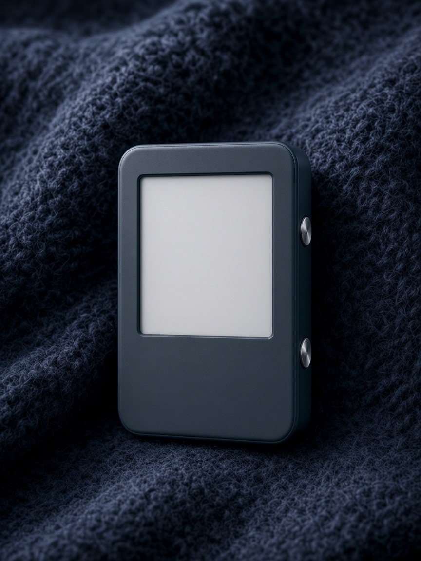 Kald device resting on dark wool in a stripe of cold light